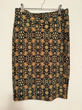 Size L LuLaRoe Black Pencil Skirt with Gold and Green Floral Mosaic